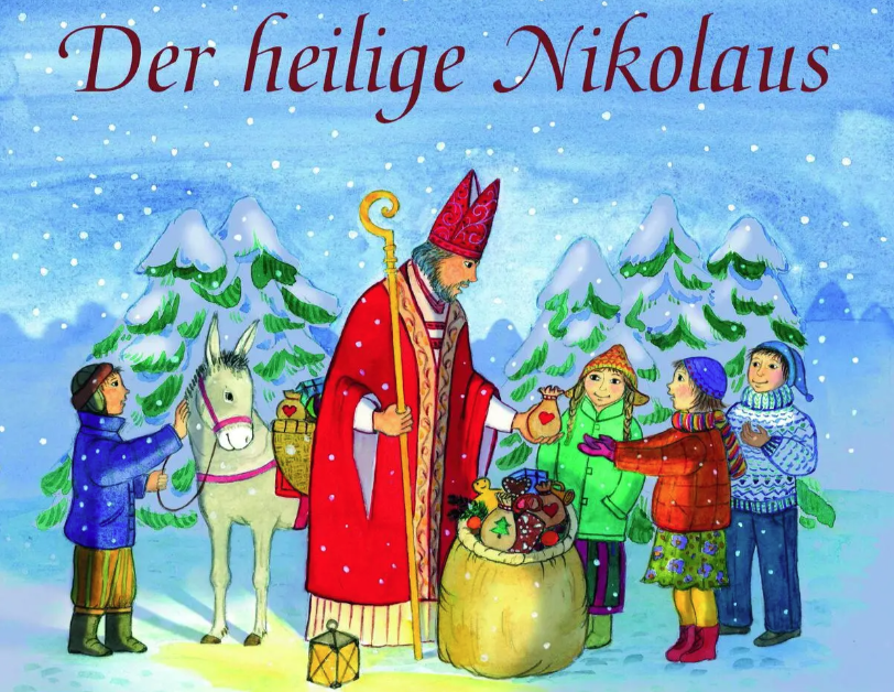 Der Nikolaus mit Esel beschenkt Kinder im verschneiten Wald